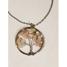 Colgante árbol de la vida con cuarzo rosa y cadena de acero 60 cm