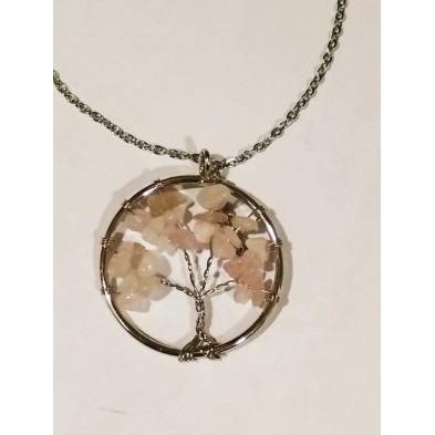 Colgante árbol de la vida con cuarzo rosa y cadena de acero 50 cm