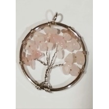 Colgante árbol de la vida con cuarzo rosa y cadena de acero 50 cm