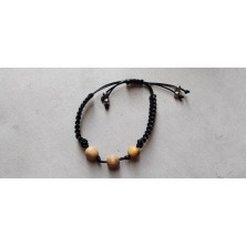 Pulsera cuero, con 3 bolas de palosanto ( unisex )